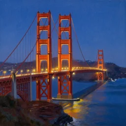 a painting of the golden gate bridge in san francisco, a fine art painting by elaine duillo, featured on dribble, american scene painting, nightscape, impressionism, acrylic art,
