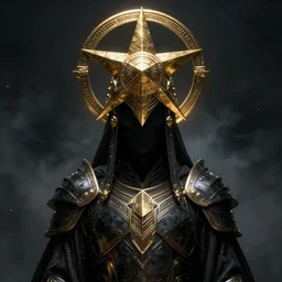 a dark sci fi matte painting portrait of a futuristic shadow priest wearing a massive ornate headdress made of realistic metal forming into a pentagram wearing dark sci fi plate armor, art deco shapes, cinematic lighting, rim light smooth, dark sci fi, unreal engine, octane render, by blizzard studios, golden rule, subject in center of frame, fog volumes, evil glow, cgsociety