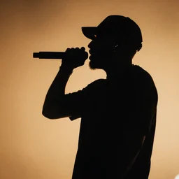silhouette of rapper performing with microphone, realistic, 4k