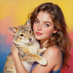amazing beautiful and very detailed photorealistic painting of a beautiful woman holding a cute animal. vibrant colors, very funny, personal, positive, visually pleasing and engaging. high resolution. high quality. hq hd. trending on artstation.