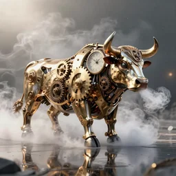 a clockwork mechanical bull there are gears sticking out of the mechanical bull steam emanates from the robotic bull and thick clouds of steam swirl around the clockwork bull, ultra high detail, high particle effects, highly reflective surface, realistic reflections