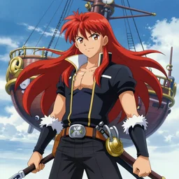 An epic fantasy pokemon anime style portrait painting of a long haired, red headed male sky-pirate in front of an airship