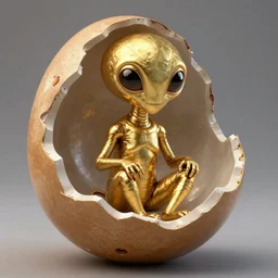 a golden alien sitting in a broken egg shell, realistic details, cinematic lighting, 8K HD