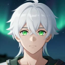 white haired young guy with green eyes on the moon, aurora, stunning anime face portrait, high symmetry, close look, octane engine, makoto shinkai, genshin impact, art, hyper detailed, close shot, light blur