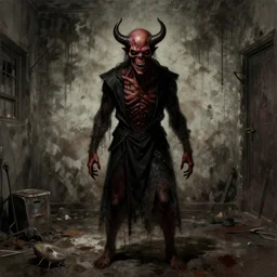 horror art, torturer from hell, dirty backroom in the background, art by ismail inceoglu