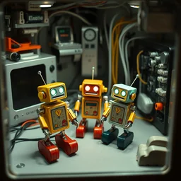 3 simple tin - toy robots, inside a small computer - room