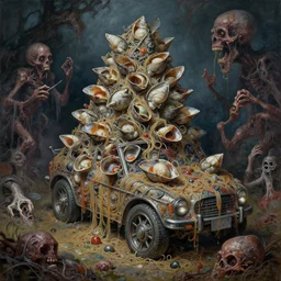 oil painting nightmare macerated epic tiered mollusks vehicle bound by metal noodle patina near discarded horrors and grotesques throwing, cinematic, fine art, ornate masterpiece, hyper detailed by shigaru komatsuzaki