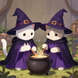 two cats dressed as witches brewing with a cauldron, a storybook illustration by natasha tan, pixiv contest winner, furry art, official art, wiccan, sharp focus, smooth, detailed, cute, anime, adorable adorable, trending on artstation, artgerm, greg rutkowski, wlop