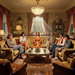 highly detailed wide - angle portrait of a retro 1 9 6 0 s living room, nicoletta ceccoli, mark ryden, lostfish, earl nore, hyung tae, frank frazetta, global illumination, god rays, detailed and intricate environment