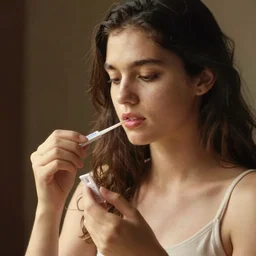 a young woman using a home covid antigen test swab