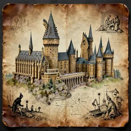 concept art from harry potter movies, realistic marauders schematic map of hogwarts school, with names, mischief managed, ink painting on ripped leather