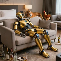 portrait photo of a shiny golden and blue metallic futuristic steampunk humanoid robot sleeping on a sofa in a modern hotel room, empty bottles all over the floor, behind the sofa is a tiger and a chicken, messy, pressphoto, insanely detailed, wide shot