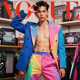 realistic photoshooting for trouser suit for a rave,  bright colors, vhs colour photography, photo for a magazine, photo for a store, fashion photography, Vogue,, cinematic, high detail, 8k, dynamic pose,Smooth skin, perfect face, 80mm lens, 1.2 aperture, close up, cinematic light, very detailed,  cover magazine