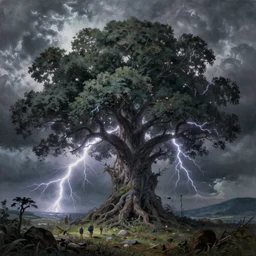 a beautiful painting of a huge tree of storm, foliage made of stormy clouds and lightnings, epic, fantasy, high definition, cinematic shot, by roger deakins and moebius and alphonse much and guweiz and hiroshi yoshida, artstation