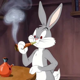red eyes bugs bunny smoking a bong, still from looney tunes