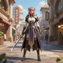 procedurally generated, epic mage girl character posing for 500px, costume design from shopping mall, ancient city streets behind her, substance designer, PBR, HD, Ultra detailed, hyperrealistic, megascans, volumetric light, concept by master artist