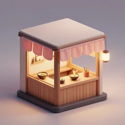 a detailed octane render of a cozy 3 d cuboid isometric ramen shop, volumetric lighting, outside view, 3 quarter view, ray tracing, dramatic lighting, unreal engine 5, physical based render. balanced and aesthetically pleasing pastel colors.