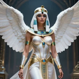 perfect white haired egyptian goddess wearing white dove wings, warframe armor, regal, attractive, ornate, sultry, beautiful, charlize theron, pretty face, blue eyes, detailed, scifi platform, 4 k, ultra realistic, epic lighting, android body, illuminated, cinematic, masterpiece, art by akihito tsukushi, voidstar, artgerm