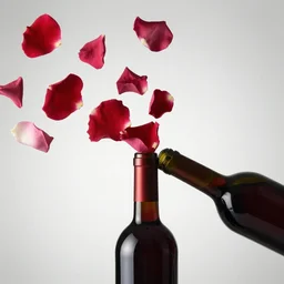 rose petals erupting out of red wine bottle