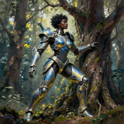 hyperrealistic deconstructed super expressive! black woman with exoskeleton armor, merging with tree in a forest, highly detailed digital painting masterpiece smooth cam de leon hannah yata dramatic pearlescent blue yellow light ground angle hd 8k sharp focus