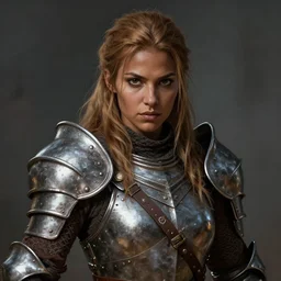 Female barbarian, beautiful, light borwn hair, dark skin, brown eyes, detailed face, Plate armor, battle stance, high fantasy, extremely detailed, matte painting