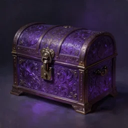 a single locked ornate chest in centre with glowing aura seeping out of the seems, dark purple tone, intricate, highly detailed, digital painting, loose brush strokes, realistic shaded lighting, artstation, concept art, smooth, sharp focus, illustration, realism, oil painting, unreal engine 5, 8 k