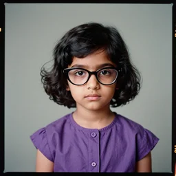 kodak portra 4 0 0, 8 k, highly detailed, britt marling style, color studio - portrait of a handsome cute 2 0 year old black haired hyderabadi female with cateye glasses wearing purple, muted colors, up face with 1 9 2 0's hairstyle and cloth style, asymmetrical, hasselblad