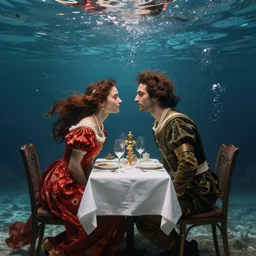 epic beautifull renaissance portrait of a couple romantic date underwater, romantic dinner,, art by * christy lee rogers and gessica marmotta and zena holloway * ( with help of mario testino and peter lindbergh, marta syrko, julia hetta, and neil leifer )
