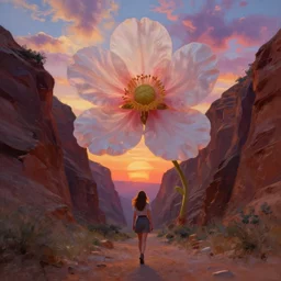 giant cherry flower as a head, girl walking in a canyon, surreal photography, sunrise, dramatic light, impressionist painting, colorful clouds, digital painting, artstation, simon stalenhag