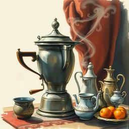 samovar. highly detailed, digital painting, watercolor, soviet realism, engraving, artstation, concept art, smooth, sharp focus, vivid grunge, manga, illustration, unreal engine 5, 8 k, art by bilibin and kuvshinov and malevich and mucha