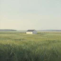A serene landscape with a singular building in the style of Roger Dean.