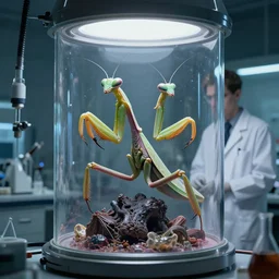 a highly detailed mantis - like alien inside! a bioreactor, created by a thin male scientist in his biotech lab, from love death and robots ( 2 0 1 9 ). coherent portrait, intricate, elegant, suspense environment, digital photo, trending on artstation, hdr photo, smooth, sharp focus
