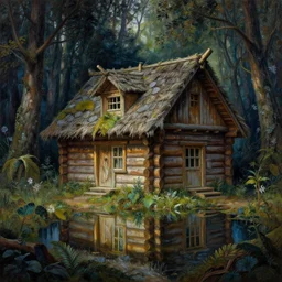 a beautifull intricate painting of a log cabin in a dark fantasy forest, reflections, very high details by william turner art, greg rutkowski and alphonse mucha, trending on artstation, very very detailed, masterpiece,
