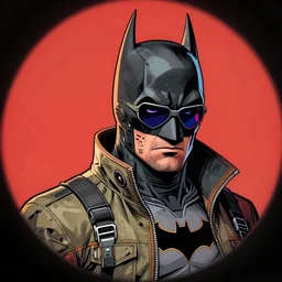 hyper detailed comic illustration of a cyberpunk batman  wearing a futuristic sunglasses and a gorpcore jacket, markings on his face, by Android Jones intricate details, vibrant, solid background, low angle fish eye lens