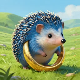 ( ( ( ( a cute blue hedgehog with a gold large ring, cover art ) ) ) ), large gold ring!, blue fur, gold ring, beautiful green hill, extremely detailed, fantasy painting, by jean - baptiste monge!!!!