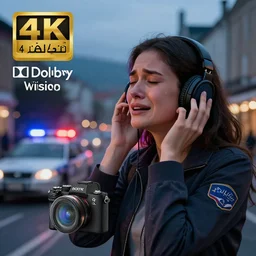 a woman crying while listening to music, ( sony a 7 r iv, symmetric balance, polarizing filter, photolab, lightroom, 4 k, dolby vision, photography award, picturesque ) police car lights