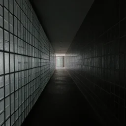 a long hallway with glass tiles along the walls, liminal space, dark, dark lighting, liminal,