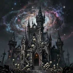 a dark gothic castle made of skulls and bones and skeletons, tall spires, epic nebula, Dan Seagrave art