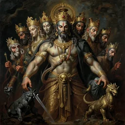 a beautiful cinematic masterpiece gothic portrait of mystical gothic colossal tribal asura god king ravan with ten heads, from ramayan, by caravaggio, by rembrandt, by tim hildebrandt, by wayne barlowe, by bruce pennington, by greg rutkowski, oil on canvas, masterpiece, trending on artstation, featured on pixiv, cinematic composition, brilliant lighting, sharp, hyper - detailed, no frames, hd, 8 k