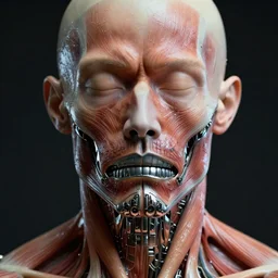 portrait of biomechanical human, no eyes, metallic jaw, muscle striations visible, wet, 8k, color airbrush, by Simon Bisley