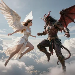 an epic battle between a female angel and male demon locked in mortal combat flying through the air, cinematic, excellent lighting, fully rendered, clouds in the background