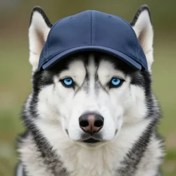 A Husky dog wearing a hat highly detailed photography, highly detailed eyes Blue on the Husky dog