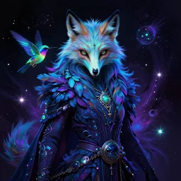 a stylized realistic blacklight painting of an avatar of an awesome powerful cosmic horror foxfolk mage with a fox skull for a face with hummingbird feathers for fur themed around death and astronomy, in the style of dnd beyond avatar portraits, beautiful, artistic, elegant, lens flare, magical, lens flare, nature, realism, stylized, art by jeff easley