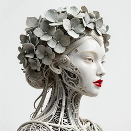 complex 3 d render, hyper detailed ultrasharp beautiful biomechanical mandelbrot fractal filigree mesh wire female cyborg portrait with a porcelain profile face, elegant crown with big hydrangea foliage leaves stems roots, red lips, alexander mcqueen haute couture, art nouveau fashion, octane render, 8 k