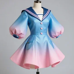 ball shaped accordion sleeve haute couture, sailor uniform, coat, synthetic curves striking pose, dynamic folds, cute pockets, volume flutter, youthful, modeled by modern designer bust, body fit, award fashion, picton blue, petal pink gradient scheme, holographic tones, expert composition, professional retouch