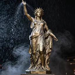 sculpture of Cleopatra on the rain, faith, full body, low angle, night, surrounded by smoke, shadows, award winning photography
