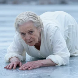 1 9 6 0 s movie still close - up of a frozen elder woman in white dress crawling in a swamp with snow, cinestill 8 0 0 t 3 5 mm black and white, heavy grain, high quality, high detail, mud, foggy, by andrei tarkovsky