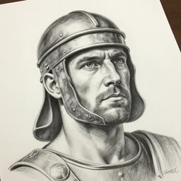 a realistic pencil drawing of a adult roman soldier at the in gaul, extremely pronounced masculine features, low dutch angle, face in focus, natural lighting, realism, strong muscular features