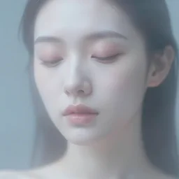 photorealistic portrait of a beautiful young woman, blurry, translucent stone white skin, closed eyes, foggy, closeup