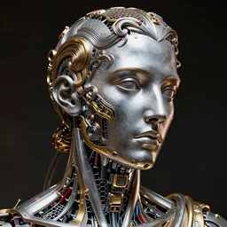 Cinestill of A heartbreaking realistic 8k Bernini Sculpture of a complex robotic human face, liquid simulation background, dramatic lighting, silver gold red details, hexagonal mesh wire, filigree intricate details, cinematic, fleshy musculature, elegant, octane render, 8k post-processing, by Yoshitaka Amano, Daytoner, Greg Tocchini